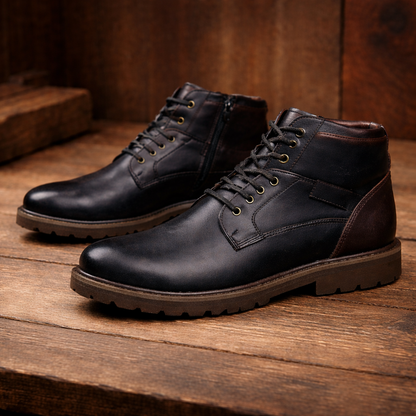 Men's black leather lace-up ankle boots with brown sole and zipper, displayed on rustic wooden surface.