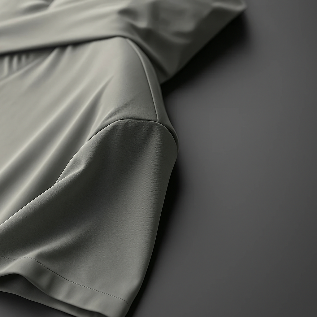 Men's grey half-zip hooded shirt in relaxed fit, close-up showing sleeve detail and smooth fabric texture.