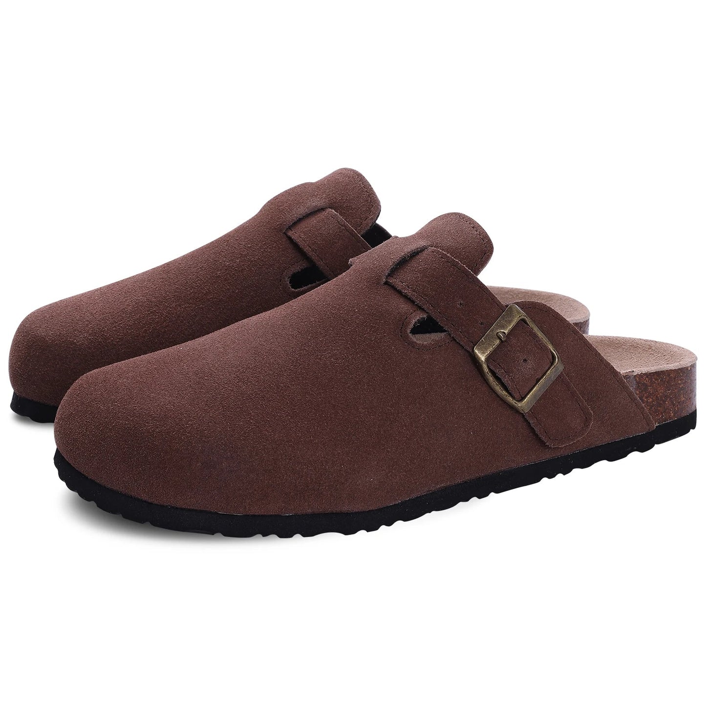 Brown suede slip-on clogs for men with adjustable bronze buckle strap and cork footbed sole