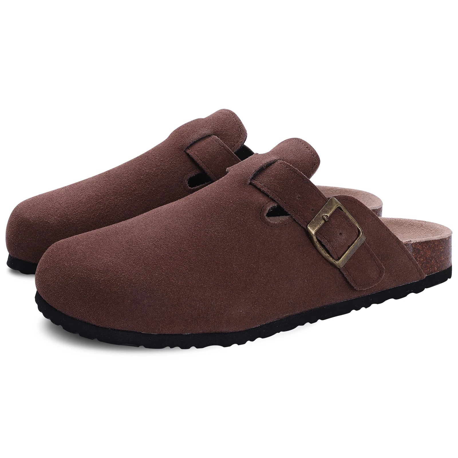 Brown suede slip-on clogs for men with adjustable bronze buckle strap and cork footbed sole