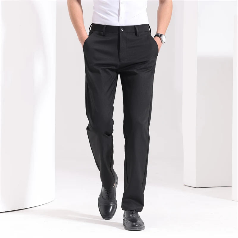 Black slim-fit cotton dress trousers for men with flat front and side pockets, professional business casual pants