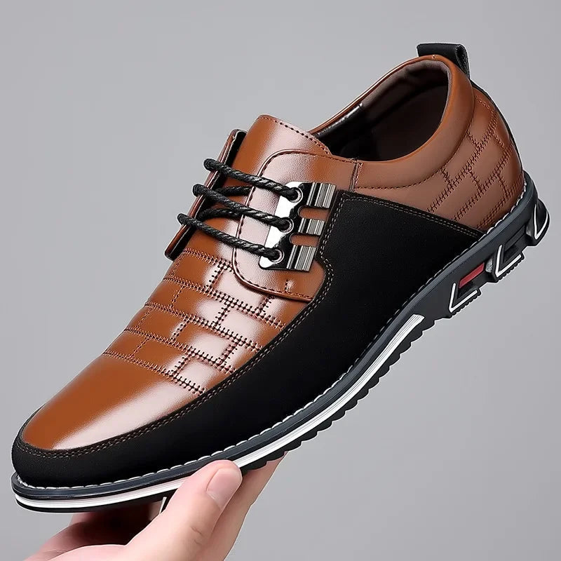 Men's brown and black leather lace-up derby dress shoes with quilted pattern and sporty sole