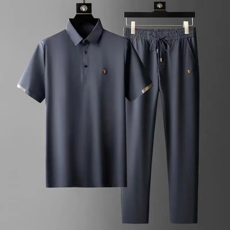 Viero men's gray polo shirt and pants matching set with drawstring waist and logo detailing