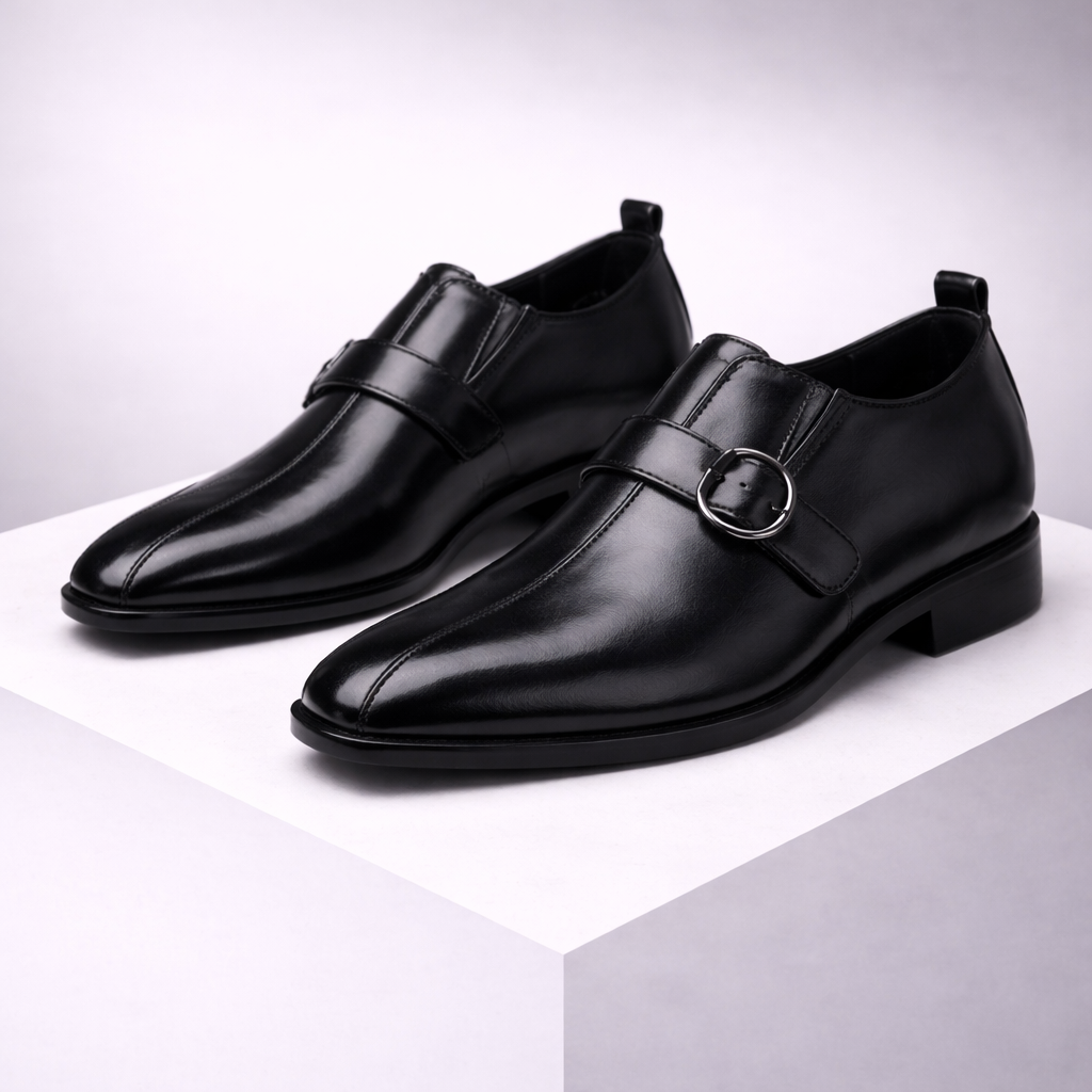 Black leather double monk strap dress shoes for men with metal buckles on white display platform