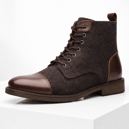 Men's brown leather and wool lace-up ankle boots with cap toe and stacked heel on white background