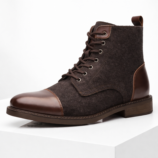 Men's brown leather and wool lace-up ankle boots with cap toe and stacked heel on white background
