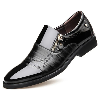 Black patent leather slip-on loafer with gold side zipper, pointed toe, textured panels, and low heel