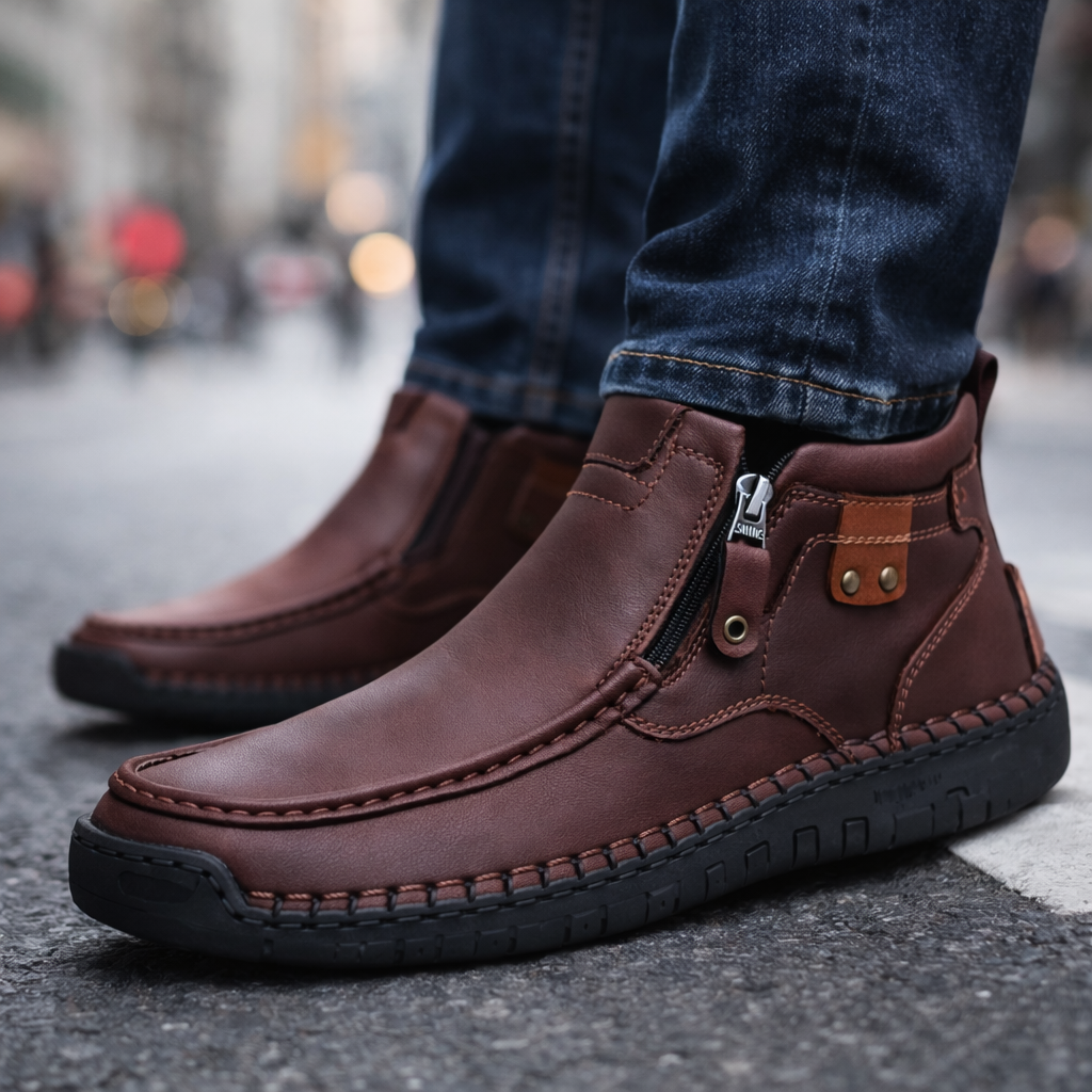 Brown leather zip ankle boots for men with hand-stitching detail, side zipper, and black rubber sole, worn with jeans.
