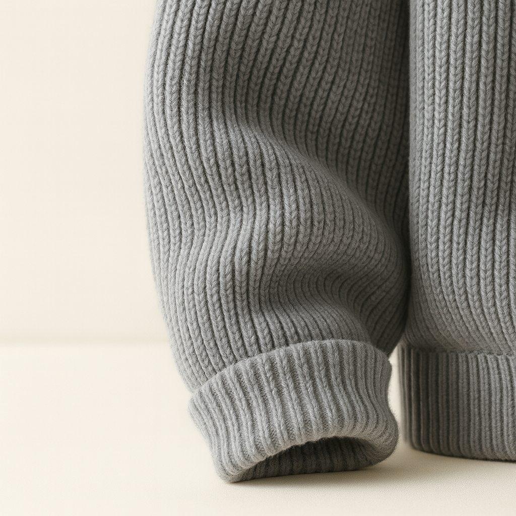 Gray men's wool quarter-zip ribbed sweater sleeve detail showing textured knit pattern and ribbed cuff.