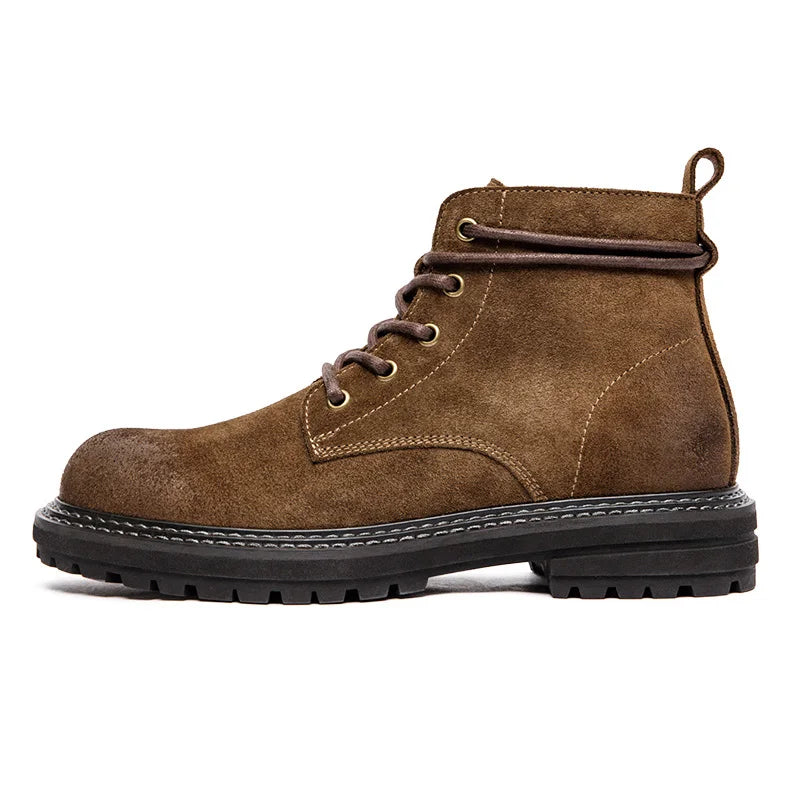 Brown suede lace-up men's ankle boots with chunky black rubber sole and pull tab, side profile view
