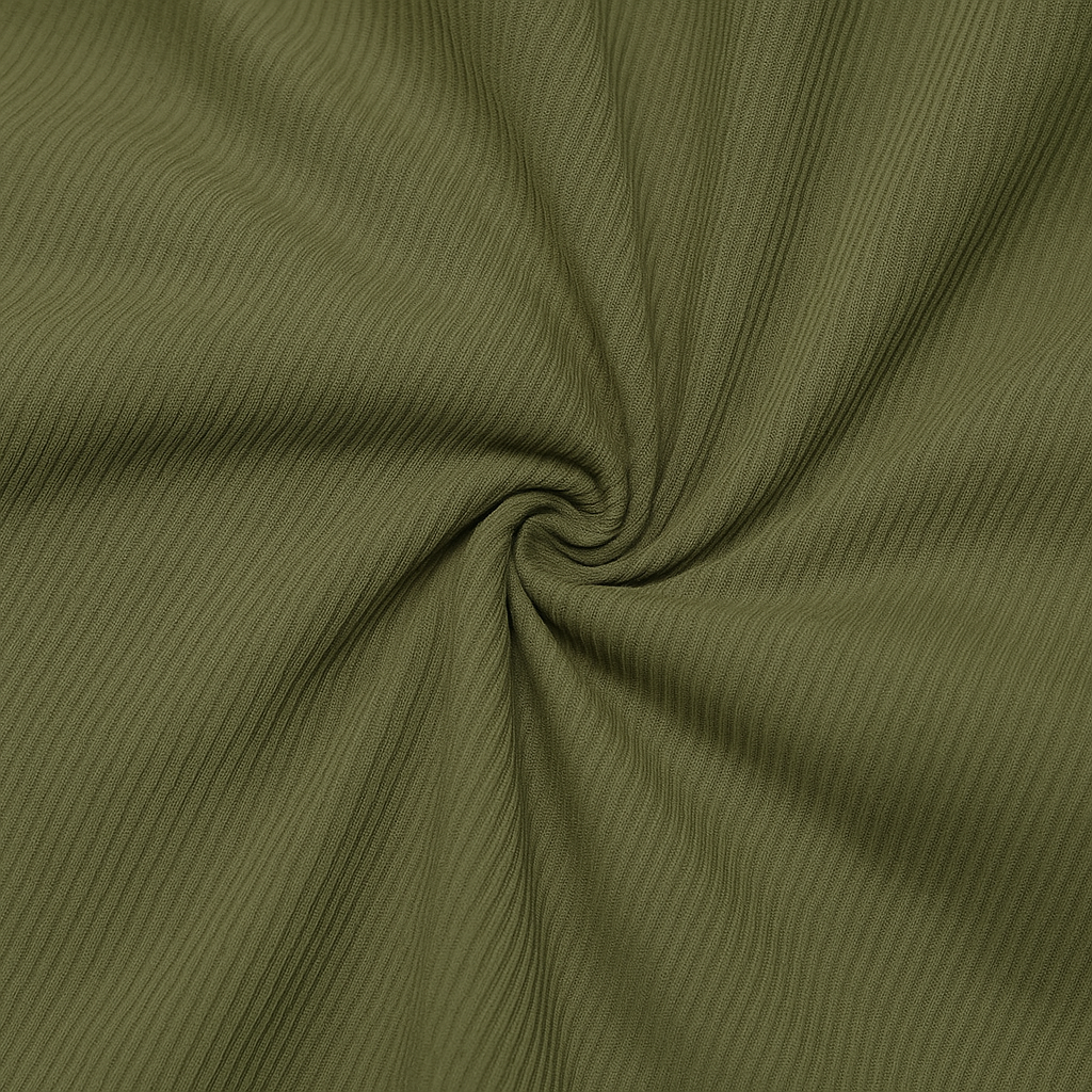 Army green ribbed corduroy fabric swatch twisted at center, showing texture and color for men's drawstring shorts