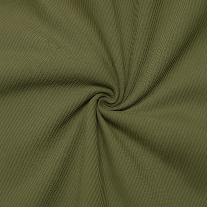 Army green ribbed corduroy fabric swatch twisted at center, showing texture and color for men's drawstring shorts