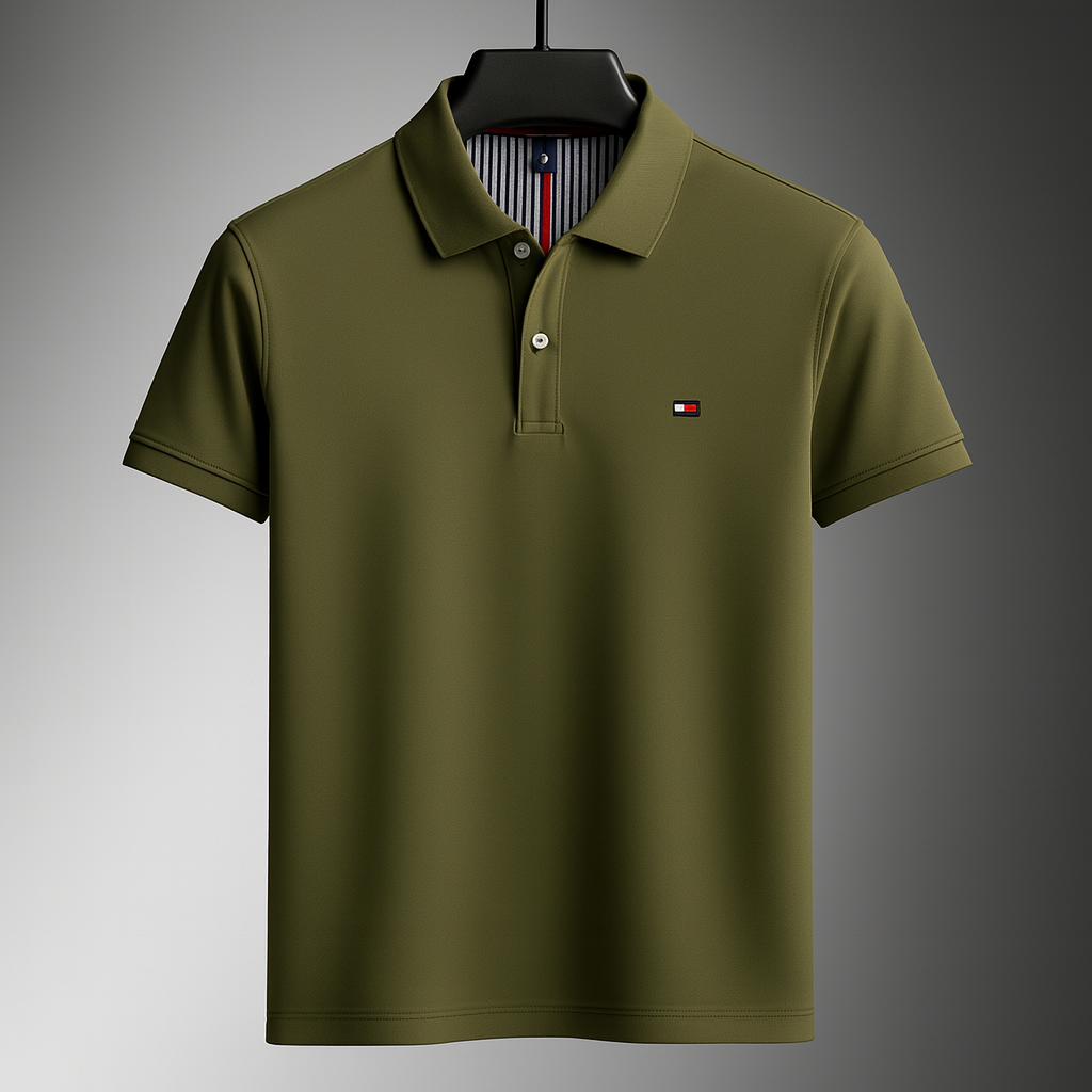 Olive green Tommy Hilfiger men's cotton polo shirt with short sleeves, button placket, and logo patch on chest.