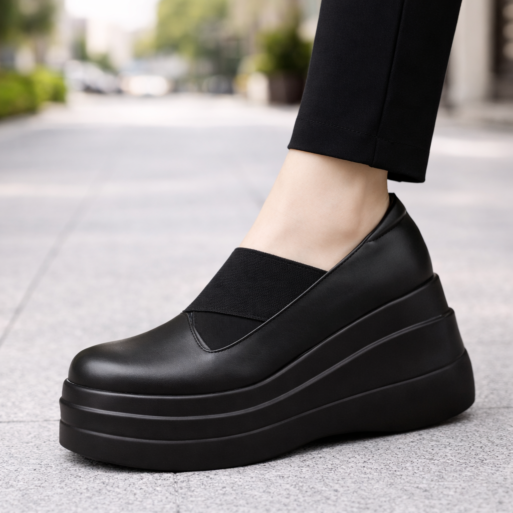 Women's black genuine leather orthopedic platform slip-on shoes with thick stacked sole and elastic band detail