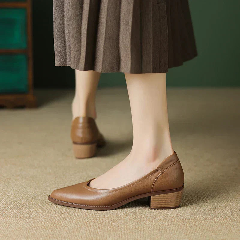 Women's brown leather pointed-toe mid-heel pumps with block heel, styled with a brown midi skirt on beige carpet.
