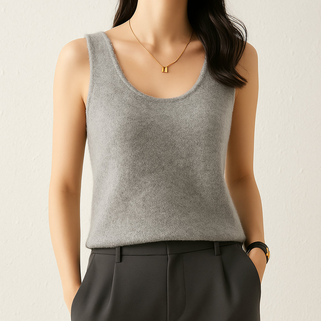Women's gray cashmere knit scoop neck tank top with sleeveless design paired with black trousers