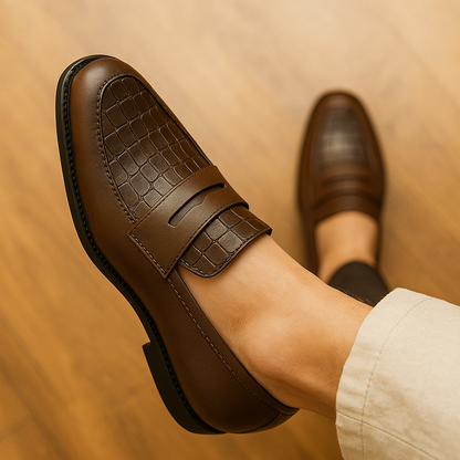 Brown leather men's slip-on loafers with crocodile embossed texture and strap detail on beige background
