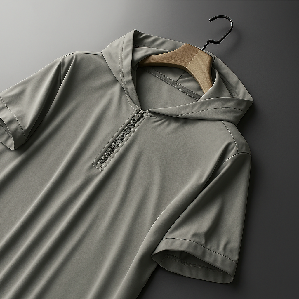 Sage green men's relaxed fit half-zip hooded short sleeve shirt displayed on wooden hanger against gray background.