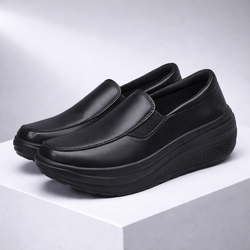 Black women's slip-on platform sneakers with smooth faux leather upper, elastic side panels, and chunky rocker sole.