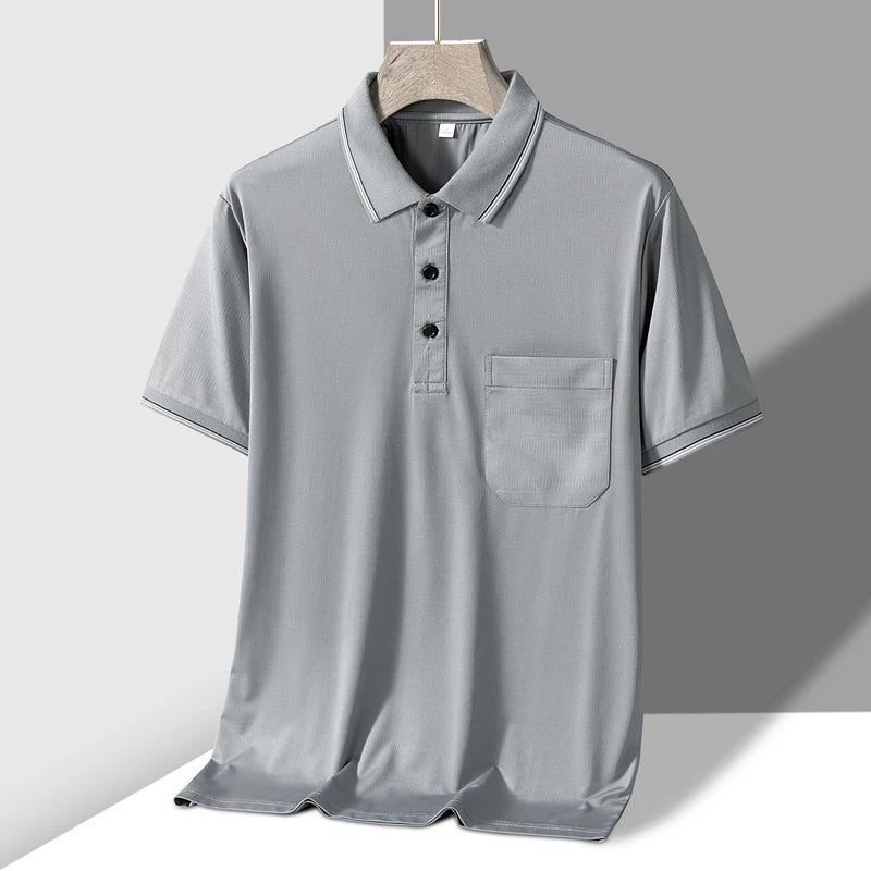 Gray men's knit polo shirt with chest pocket, short sleeves, button placket, and contrast stripe collar trim on hanger.
