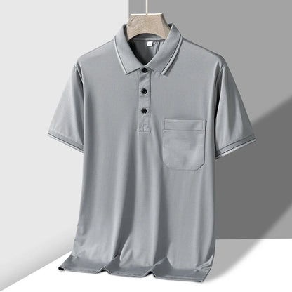 Gray men's knit polo shirt with chest pocket, short sleeves, button placket, and contrast stripe collar trim on hanger.