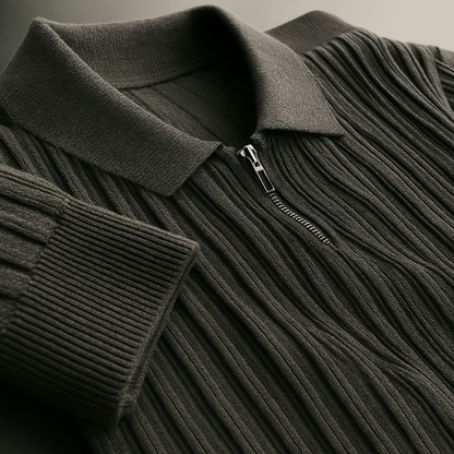 Dark charcoal ribbed quarter-zip men's sweater with polo collar and silver zipper, close-up detail view