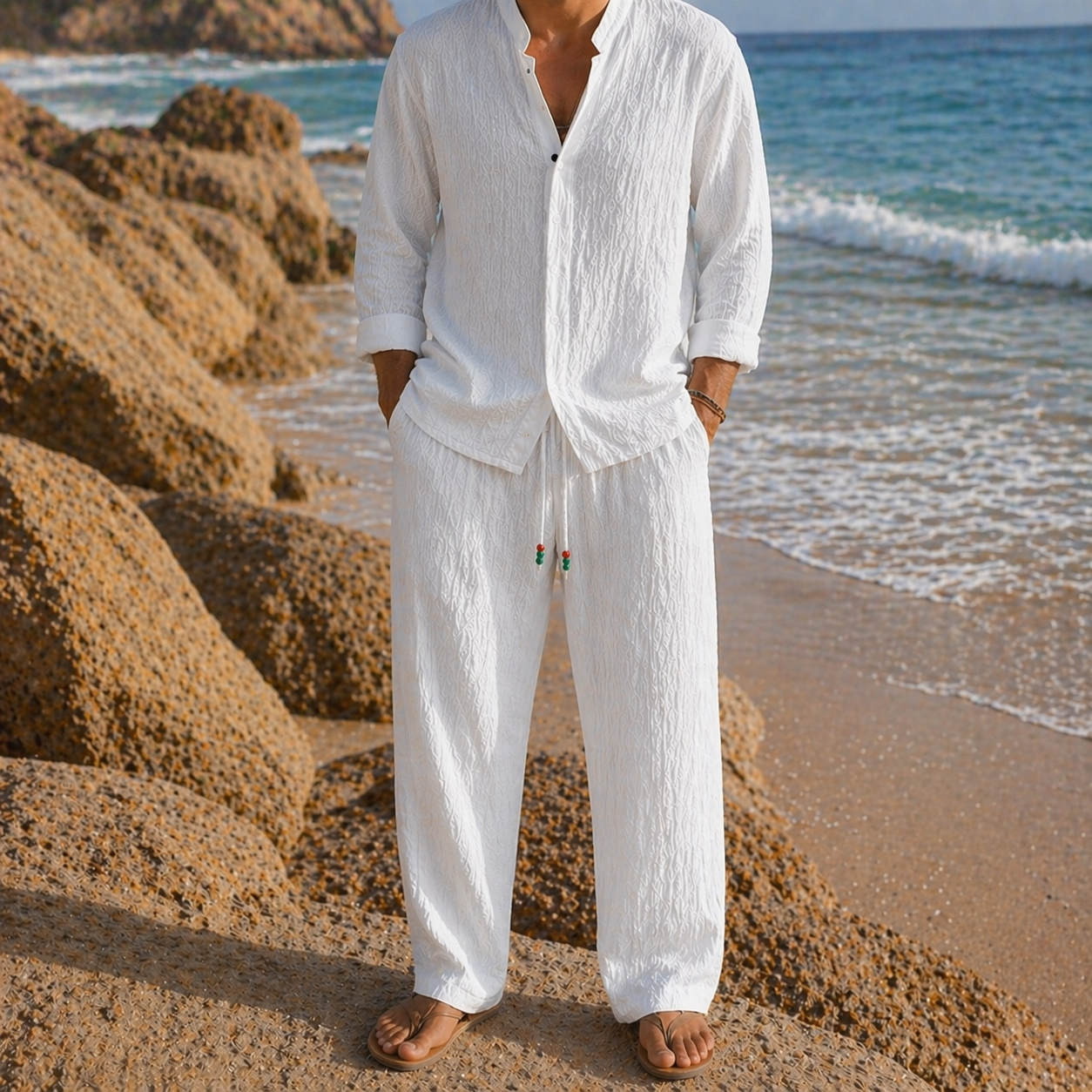 Man wearing white textured cotton linen matching shirt and pants set with drawstring waist, standing on a beach.