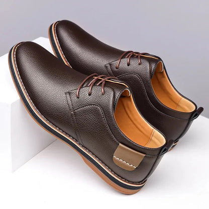 Dark brown leather derby dress shoes for men with lace-up closure and tan rubber sole