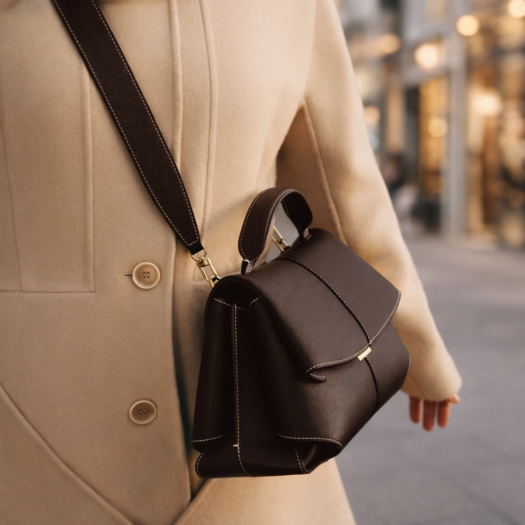 Dark brown structured leather top handle crossbody handbag with gold hardware, worn over beige coat on city street.
