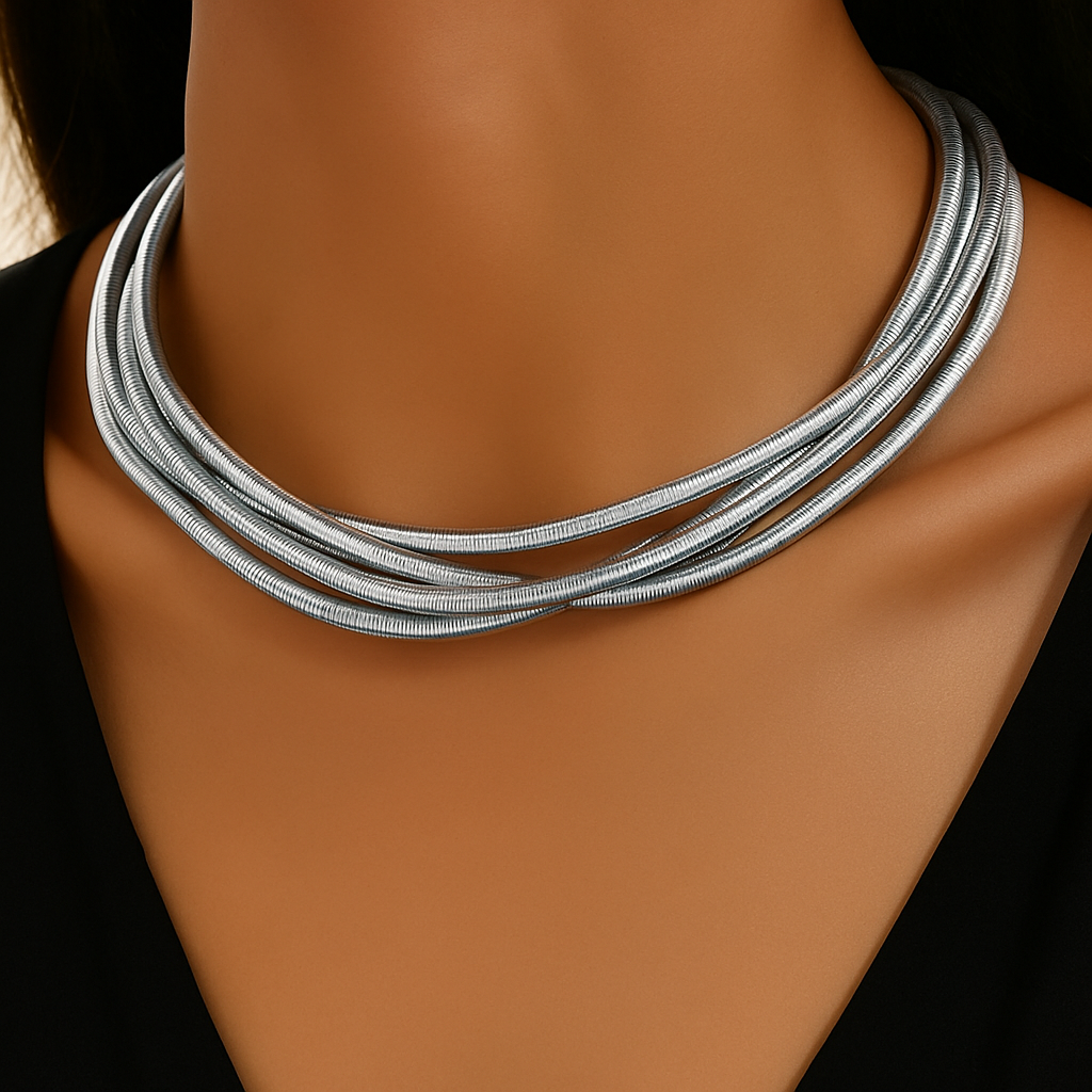 Silver multi-strand twisted snake chain necklace layered around a woman's neck against a black top