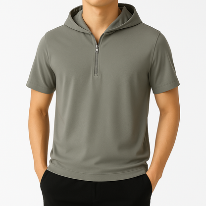 Men's sage green half-zip hooded short sleeve shirt with relaxed fit and quarter zipper