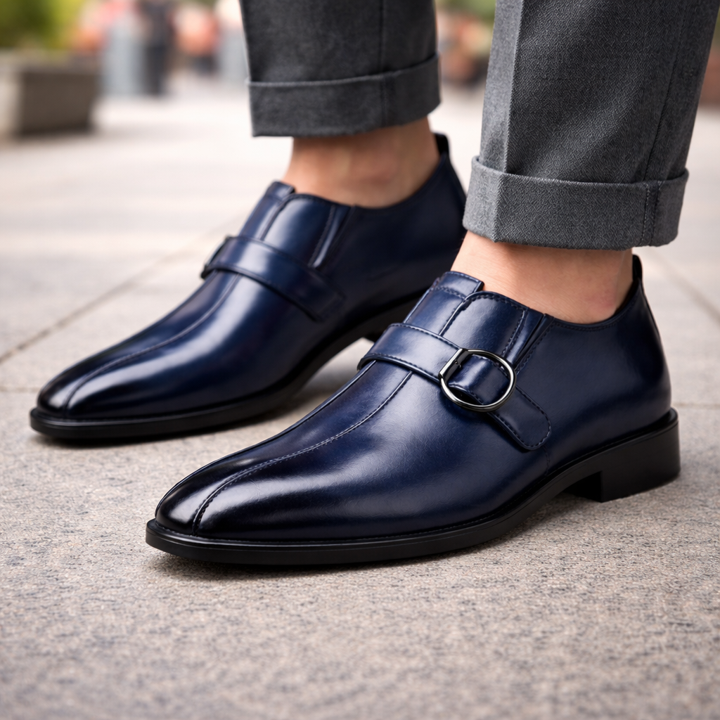 Navy blue double monk strap leather dress shoes paired with cuffed gray trousers on stone pavement