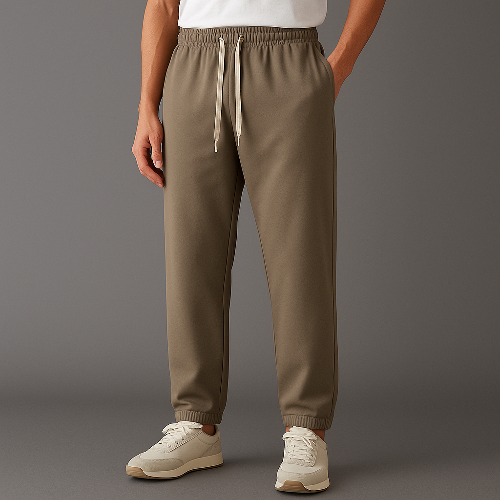 Men's olive taupe cotton joggers with cream drawstring waistband, ribbed cuffs, side pockets, styled with white sneakers.