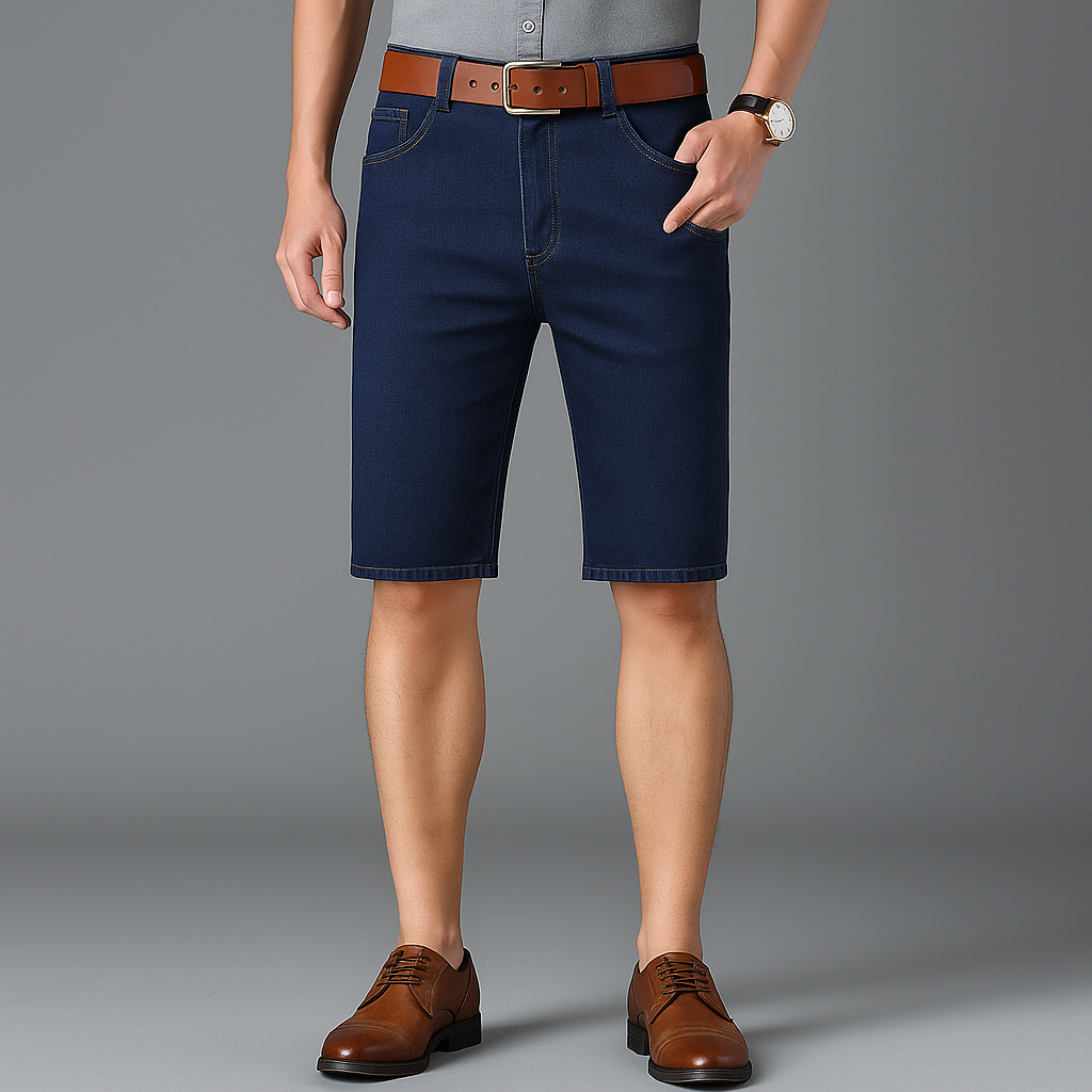 Men's navy blue stretch denim shorts with brown leather belt, paired with brown oxford shoes and gray shirt.