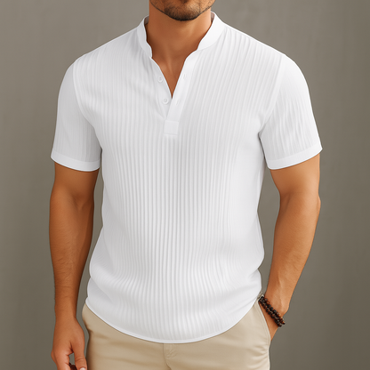 White men's linen band collar short sleeve popover shirt with subtle vertical texture and two-button placket.