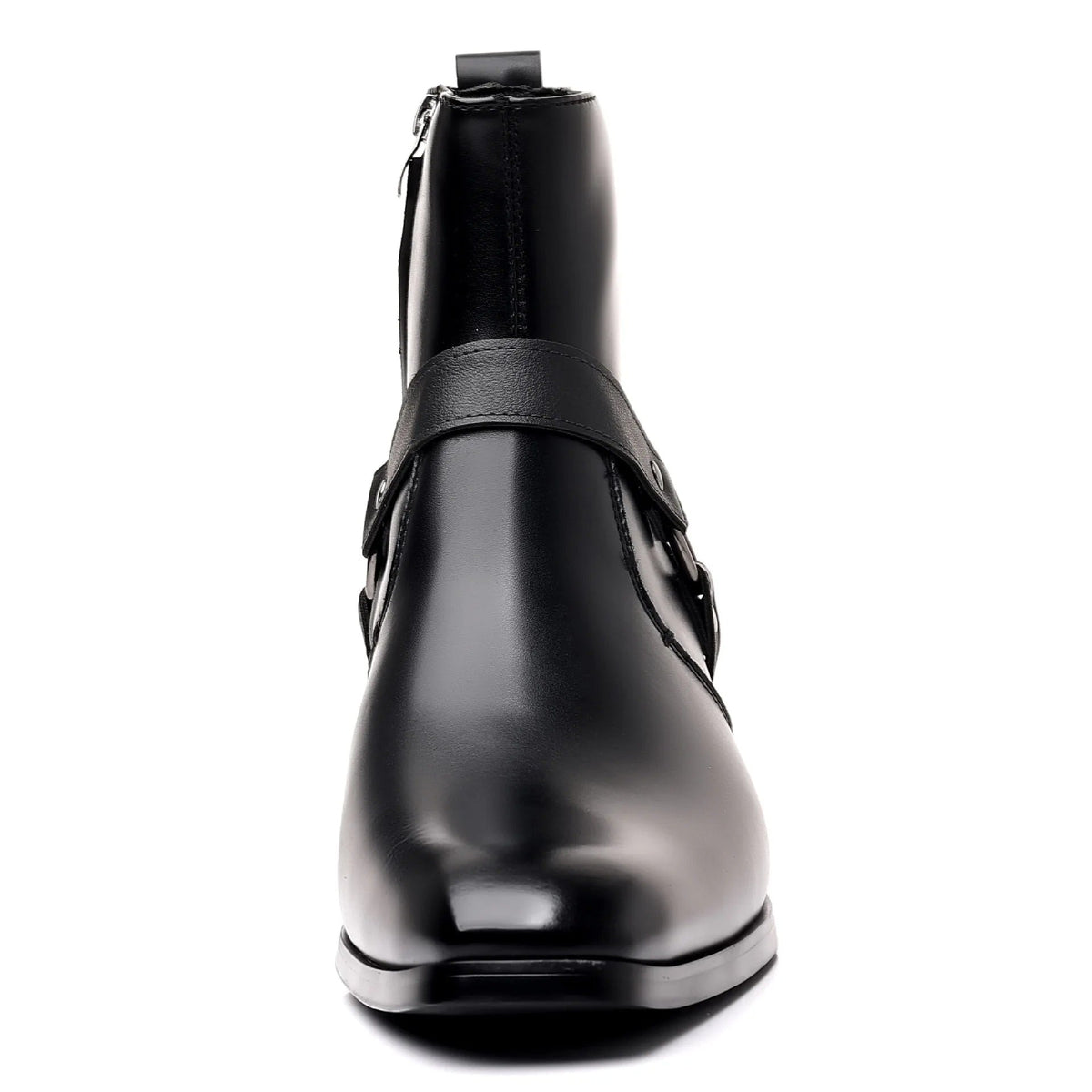 Black leather men's ankle boots with harness strap detail, side zipper closure, and square toe on flat sole.