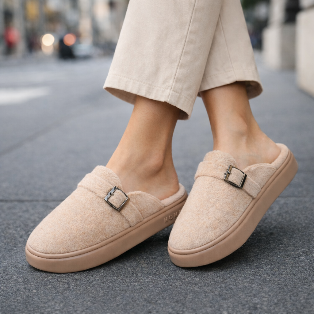 Women's beige plush cotton slip-on mule slippers with metal buckle detail and platform sole, worn with cream trousers