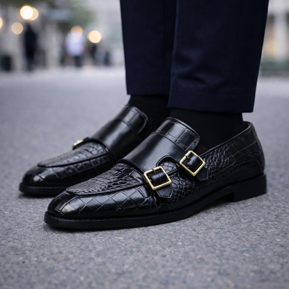 Black croc-embossed leather double monk strap loafers with gold buckles, worn with navy trousers on pavement.