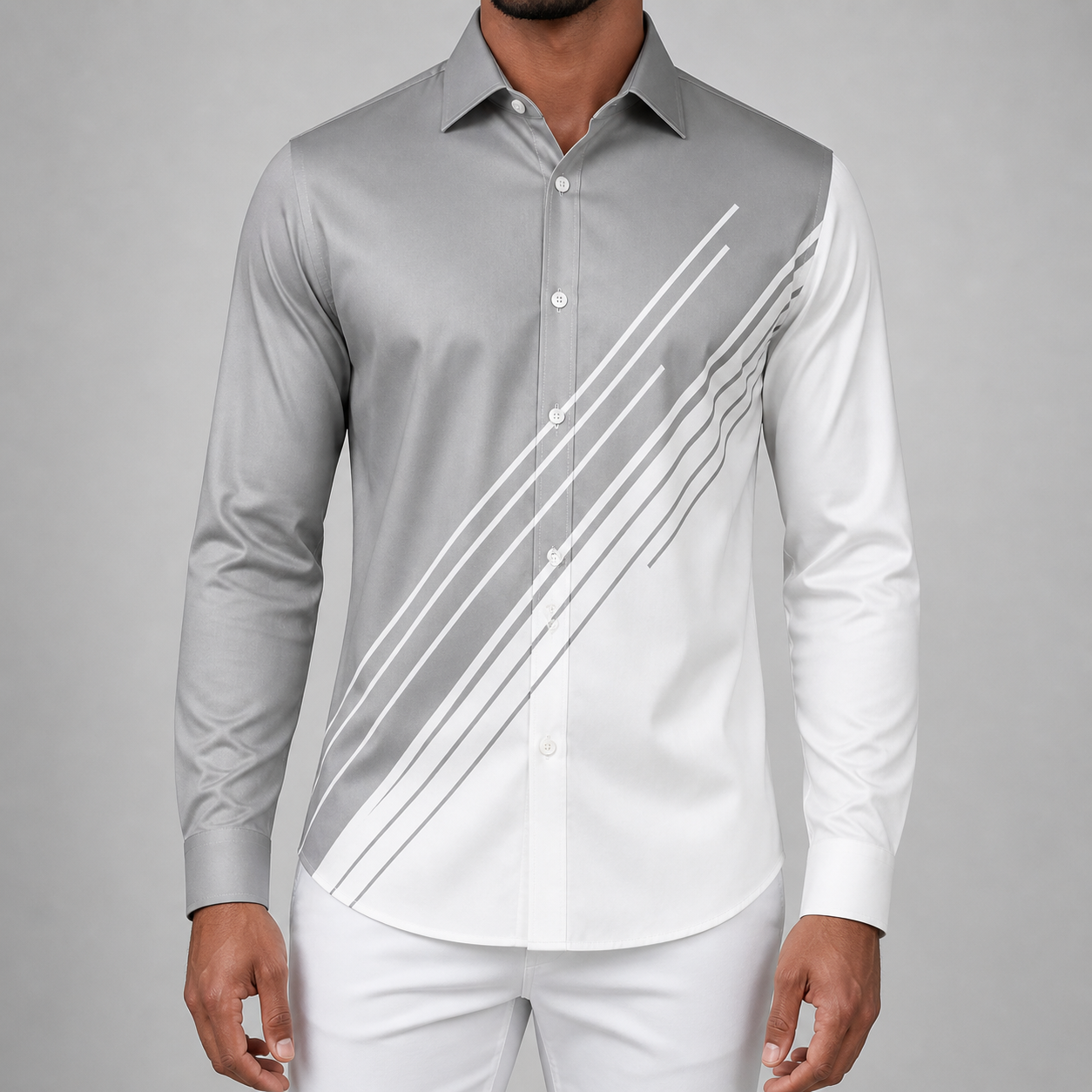 Men's slim-fit button-up shirt with diagonal white stripes on a gray-to-white gradient design, long sleeves
