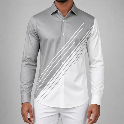 Men's slim-fit button-up shirt with diagonal white stripes on a gray-to-white gradient design, long sleeves