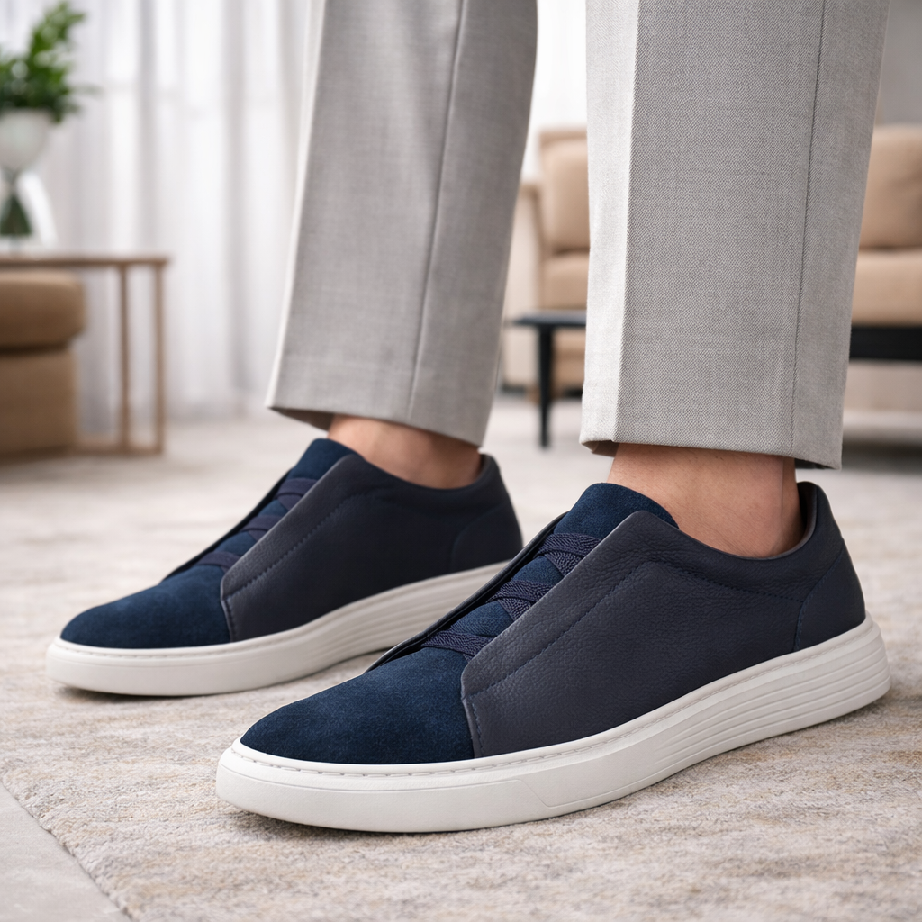 Navy blue leather and suede slip-on sneakers with white sole, worn with gray trousers on a light carpet.