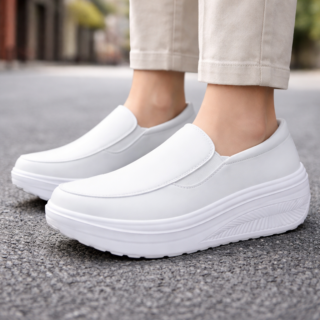 White slip-on platform sneakers with thick rocker sole, worn with beige cropped pants on a paved surface.