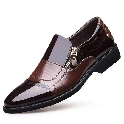 Brown patent leather slip-on loafers with gold side zipper, pointed toe, and glossy finish on white background