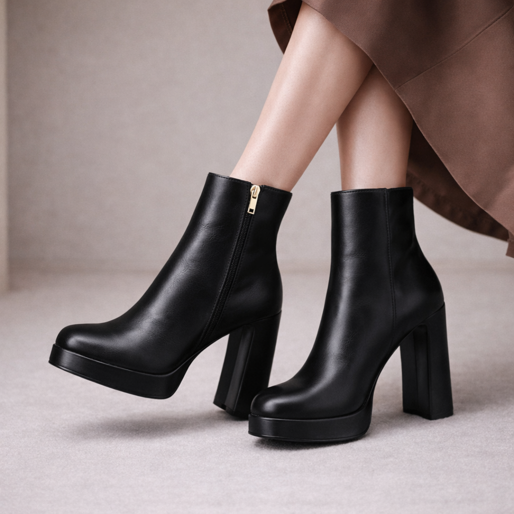 Black Italian leather women's ankle boots with chunky block heel, platform sole, and gold side zipper closure.