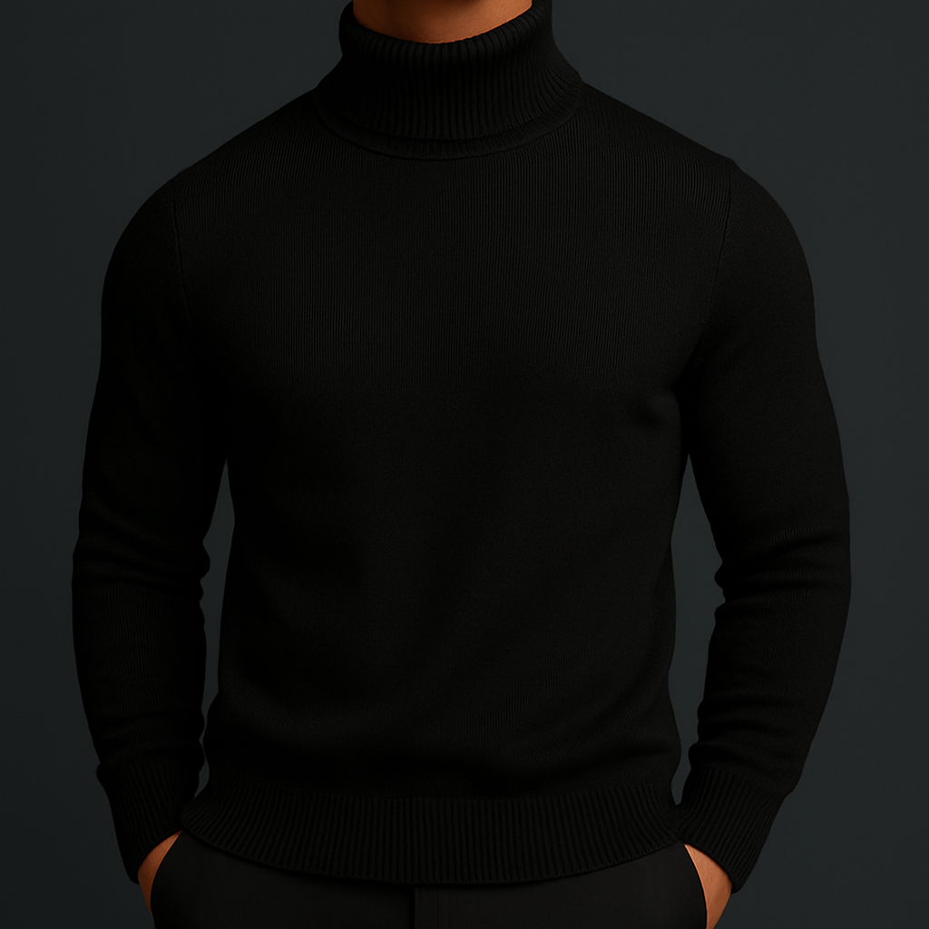 Man wearing a slim-fit black merino wool turtleneck sweater with ribbed collar, cuffs, and hem against dark background.