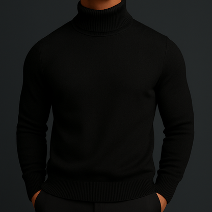 Man wearing a slim-fit black merino wool turtleneck sweater with ribbed collar, cuffs, and hem against dark background.
