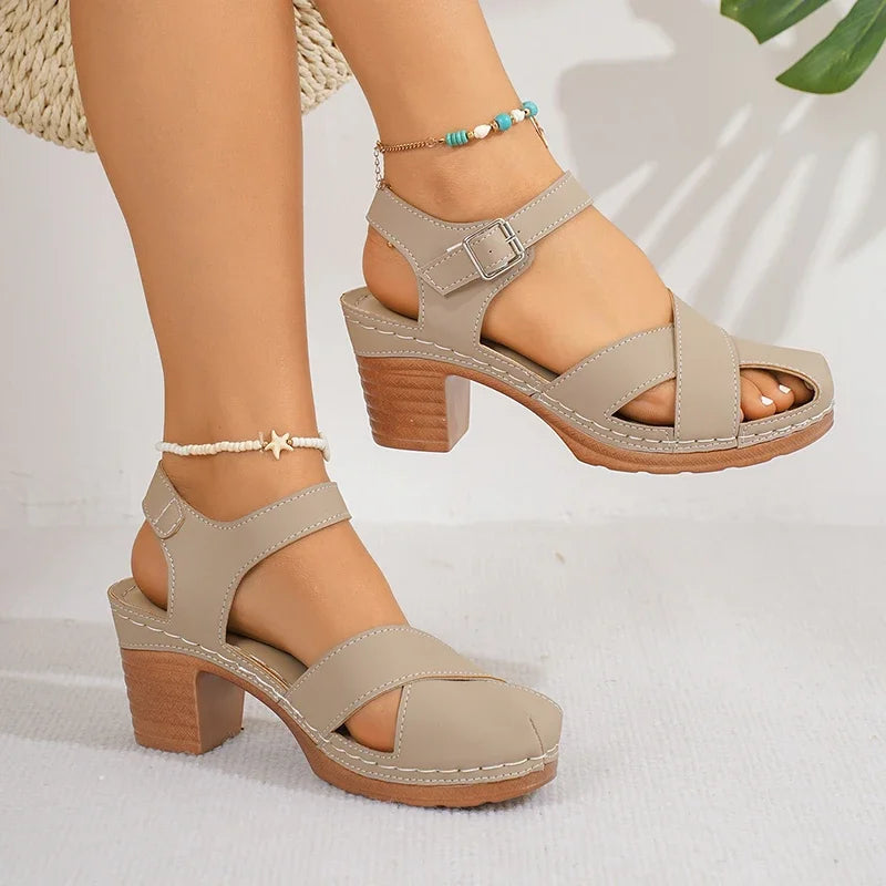 Beige block heel platform sandals with ankle strap buckle closure and crisscross straps for women