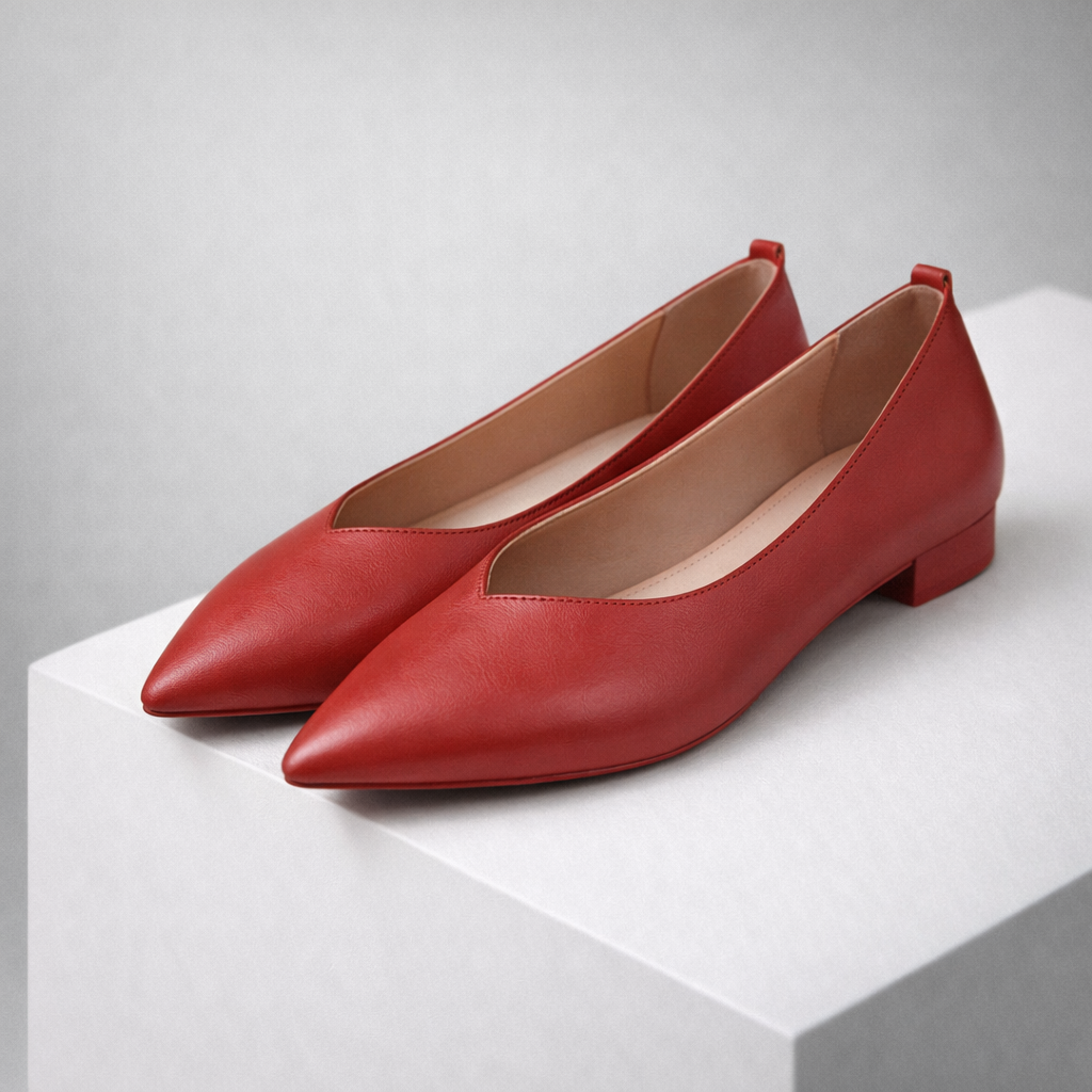 Red leather pointed-toe women's flat pumps with V-cut opening and small block heel displayed on white pedestal