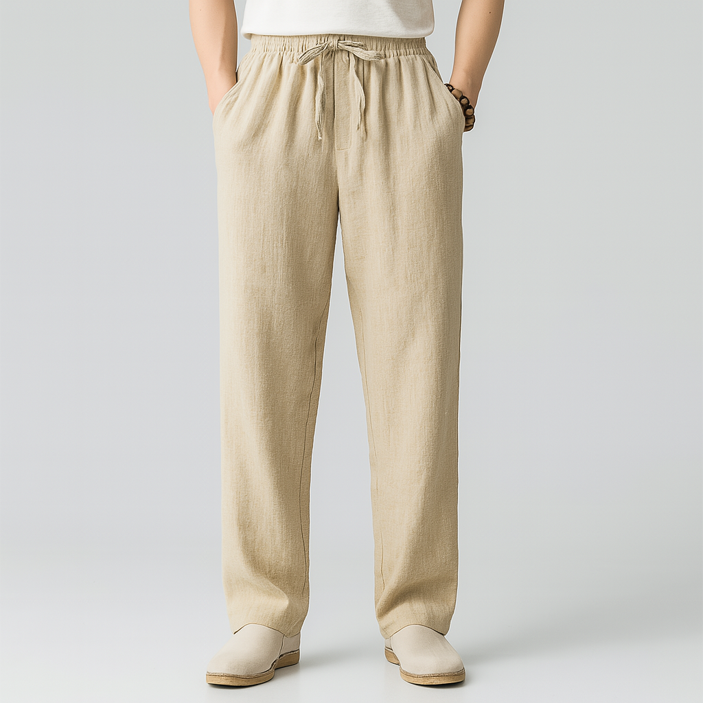 Men's beige linen drawstring pants with elastic waistband and relaxed straight leg fit