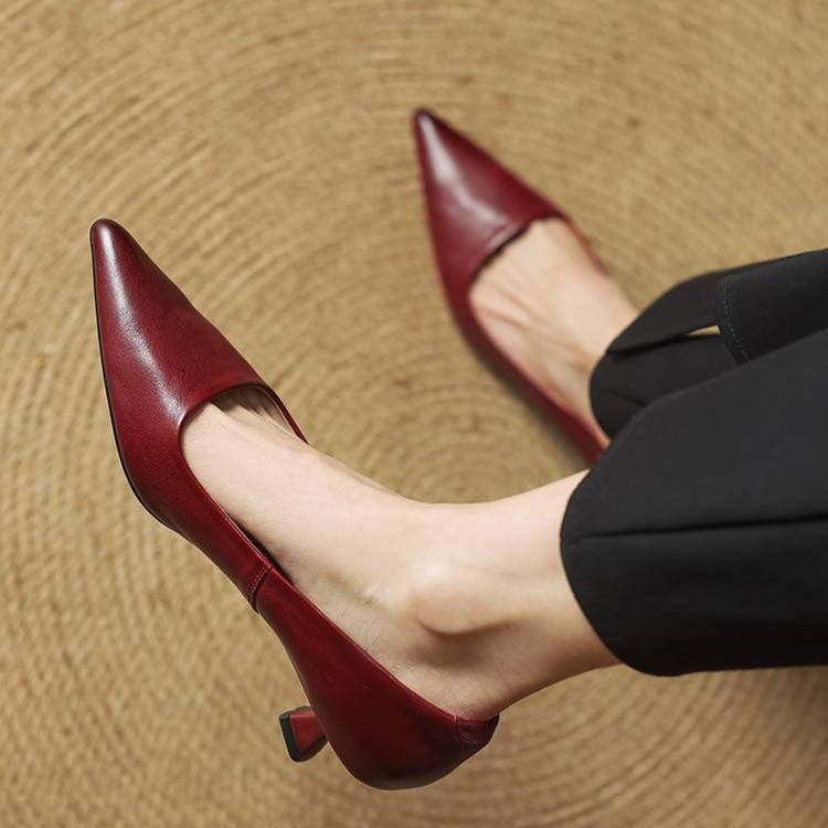 Women's burgundy pointed-toe leather pumps with low block heels for formal office wear